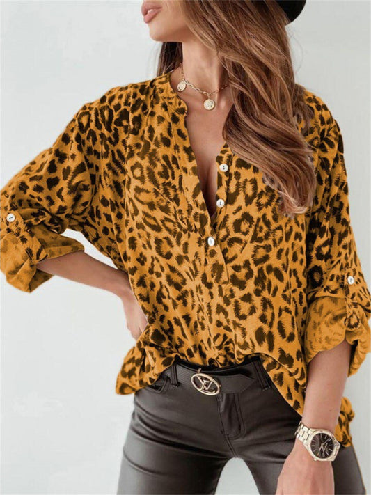 Spring and Autumn Printing Women's Blouses Long-sleeved Leopard V Collar Single-breasted Cardigan Loose Commuter Shirt Women