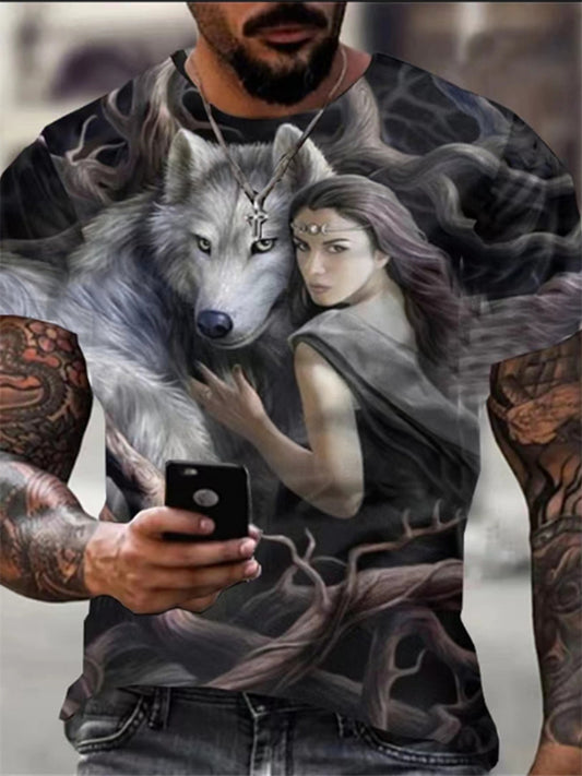 Men's Summer T-Shirt Short-Sleeve Casual Round-Neck T-Shirt with 3D Wolf Print