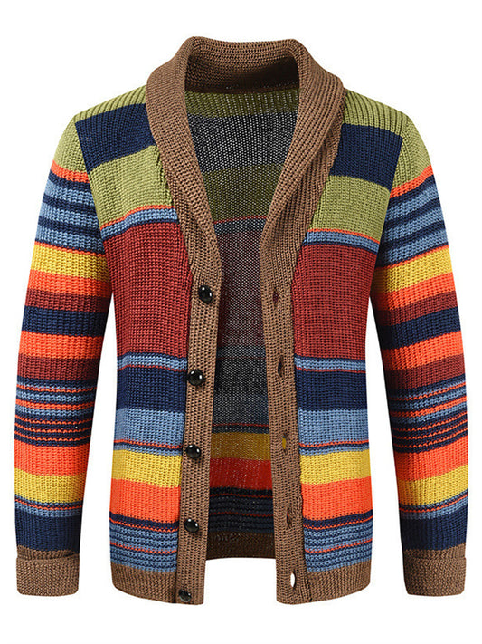 Men's Rainbow Sweater New Sweater Jacket Autumn and Winter Lapel Colorblocking Sweater