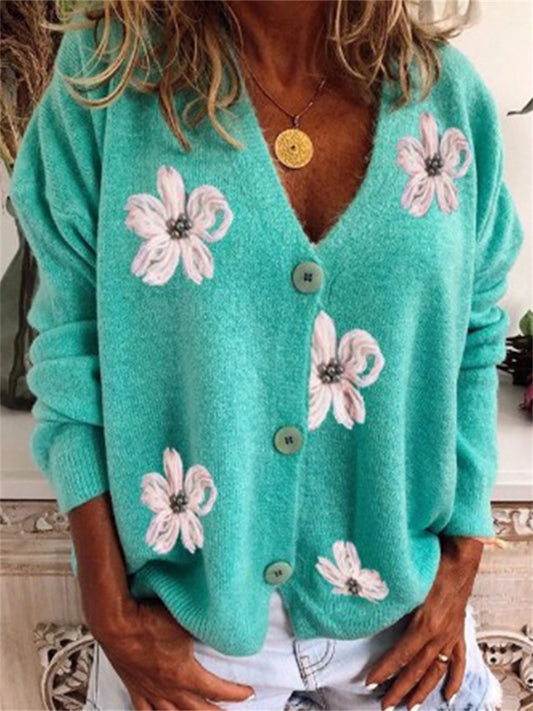 New European and American Ladies Long-sleeved Cardigan Embroidered V-neck Knitted Sweater