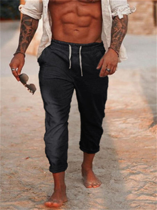 Men's Linen Pants Trousers Summer Pants Drawstring Elastic Waist Plain Comfort Breathable Daily Beach Linen / Cotton Blend Fashion Simple Black White Micro-elastic