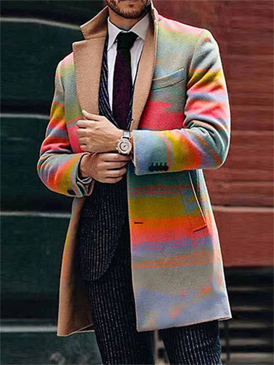 Spring Men's New Casual Printed Woolen Mid-Length Coat Men's Woolen Jacket