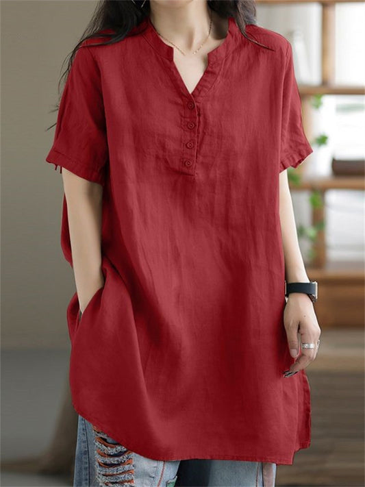 Summer Women's Solid Color Fashionable Short-Sleeve Cotton-Linen V-Neck Button-Down Top