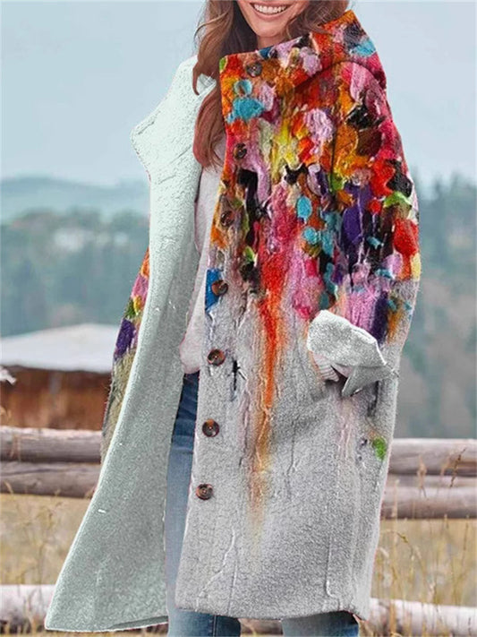 Women's New Medium-length Autumn and Winter Jacket Floral Pattern Jacket Floral Color Sweater Jacket