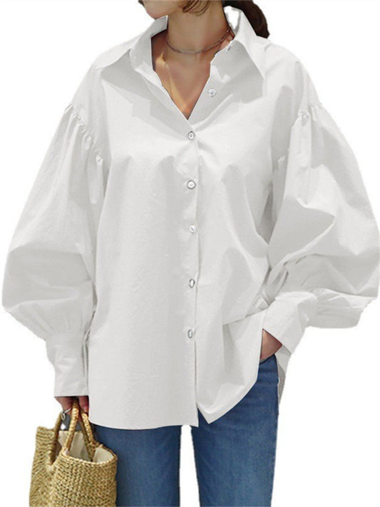 Women's Casual Shirt with Bell Sleeves Retro Solid Color and Turn-down Collar