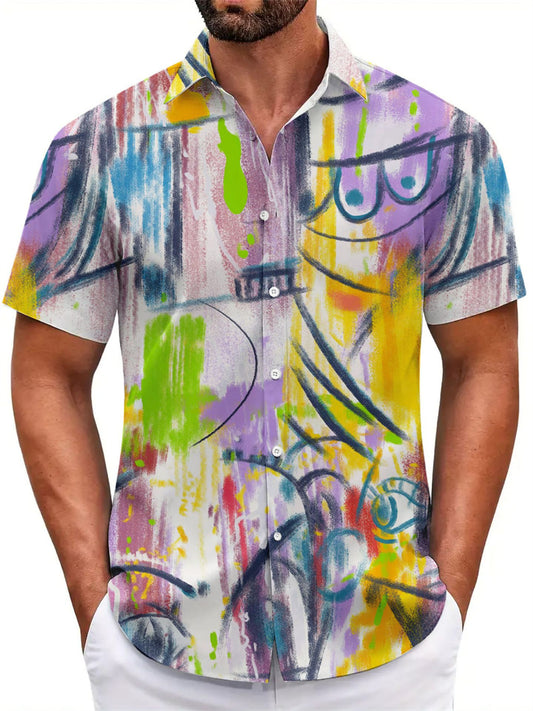 Men's New Summer Beach Hawaiian Print Short-Sleeve Lapel Shirt 5