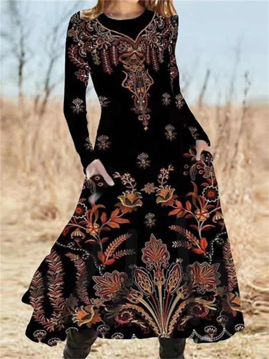 Women's New Fall and Winter Long-sleeved Bohemian Long Skirt Hem Printed Dresses