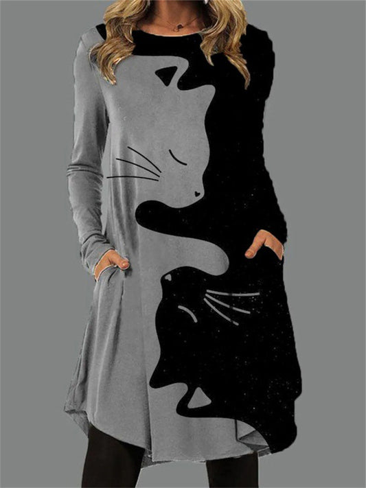 Fall and Winter Models of The New Fashionable New Cat Digital Printing Loose Waist Urban Casual Commuter Style Long-sleeved Skirt