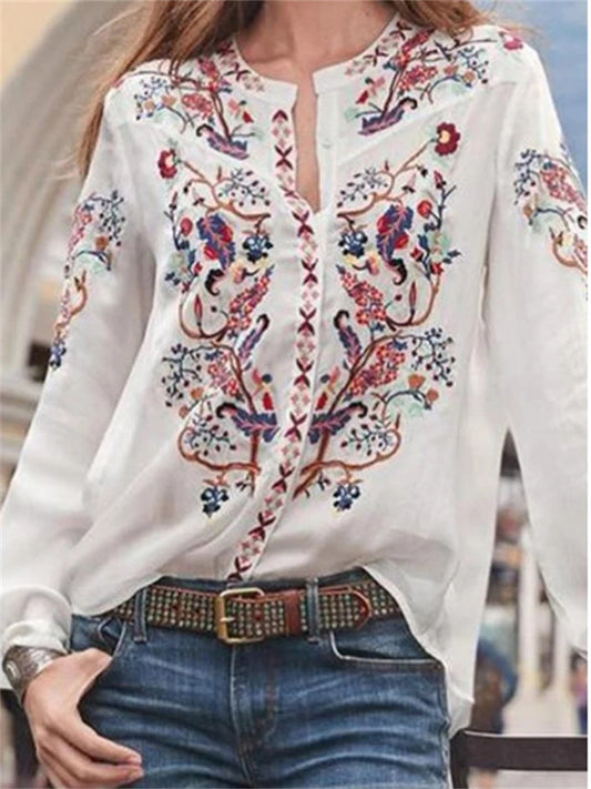 Casual Solid Color Pullover New Women's Loose Standing Collar Cardigan Printed Long Sleeve Single Button Shirt Top