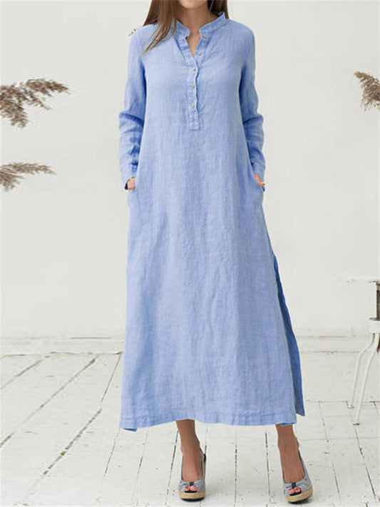 Women's Loose-Fit Stand-up Collar Long-Sleeve Shirt Dress Casual Cotton-Linen Dress