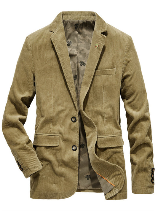 Men's Corduroy Jacket Blazer Sport Jacket Breathable Business Work Double Breasted Turndown Business Elegant Jacket Outerwear Solid Color Pocket Blue Khaki Coffee / Fall / Long Sleeve