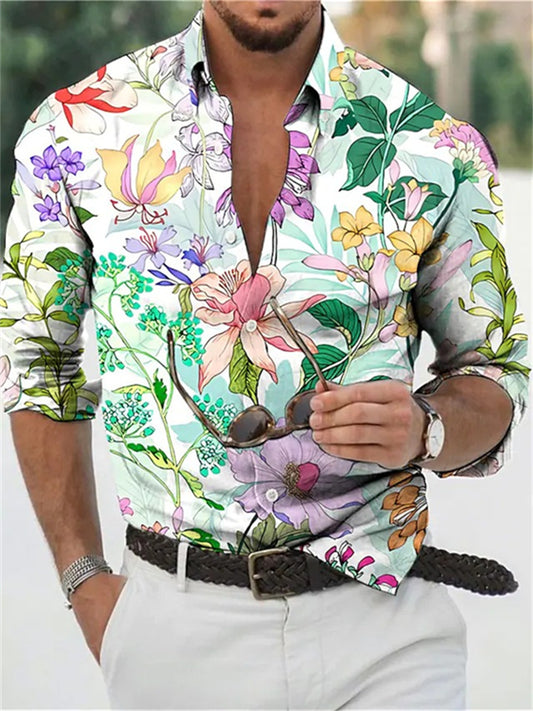 Men's Shirt Graphic Shirt Floral Turndown Light Green Light Purple Purple Green Light Blue 3D Print Daily Holiday Long Sleeve 3D Print Button-Down Clothing Apparel Fashion Designer Casual Breathable