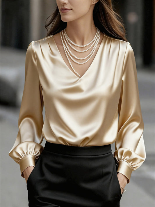 New Arrival Women's French Elegance Puff Sleeve V-Neck Satin Long-Sleeve Shirt