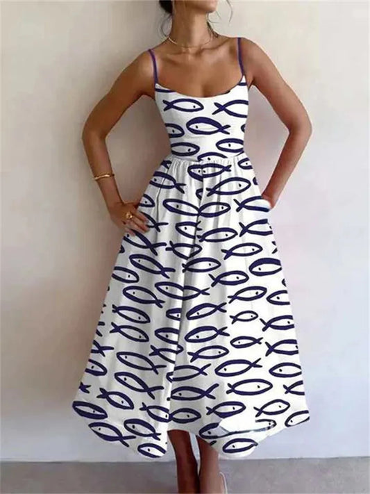 New Summer Women’s Dress Fitted Waist Printed Full Skirt Spaghetti-strap Fitted Waist Dress