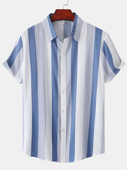 Summer Men's Casual Striped Printed Floral Flap Lapel Single Breasted Beach Short Sleeve Shirt Men's Shirt Cardigan