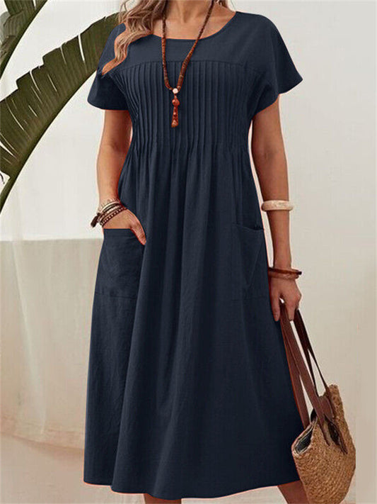 Women's New Arrival Long Dress - Solid Color Crew Neck Pocket Pleated Short Sleeve Cotton-Linen Blend Dress