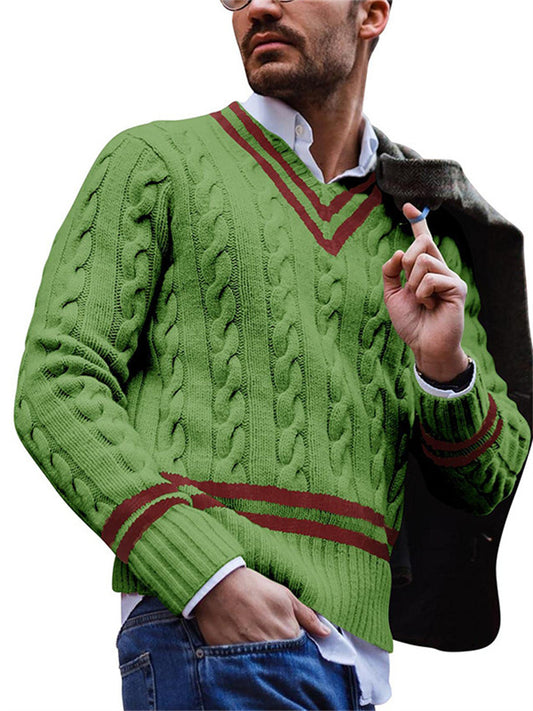 Autumn/Winter V-neck Sweater Men's Striped Color-block Knit Sweater
