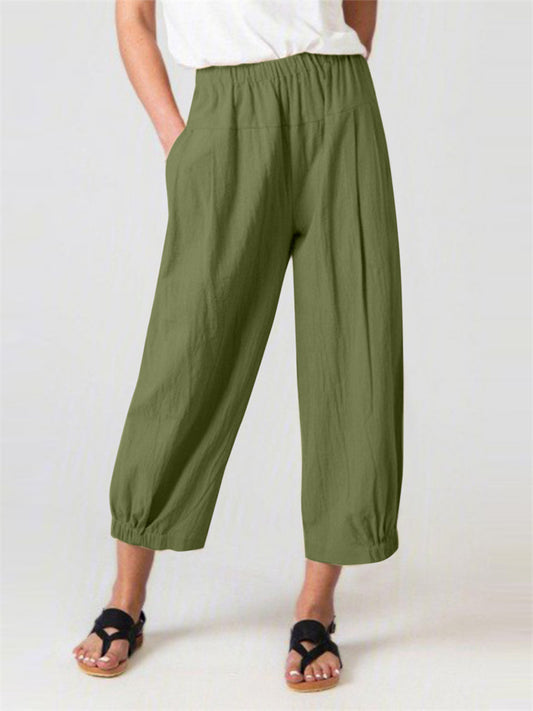 Women's Pants New Loose High-waisted Cotton and Linen Nine-minute Solid-color Pants