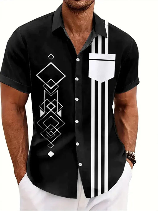 Men's Color-Blocked Diamond-Print Short-Sleeve Casual Beach Shirt with Notched Collar