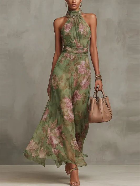 Women's Tulle Printed Asymmetrical Slit Pleated Halter Dress