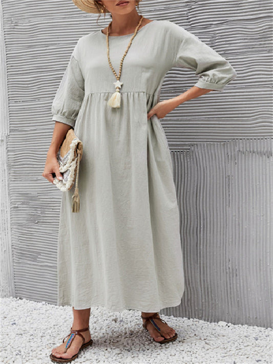 New women's European and American solid color fashion lantern sleeves loose cotton linen insert pockets dress