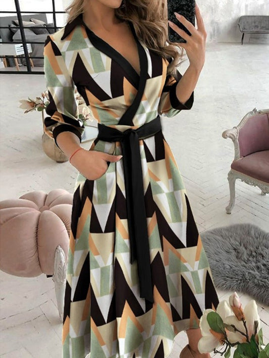 Spring/summer Fashion Long-sleeved V-neck Print Hip Dress Women's Wear