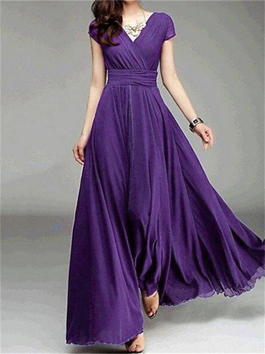 Women's Casual Dress Swing Dress Long Dress Maxi Dress Black Purple Wine Short Sleeve Pure Color Ruched Spring Summer V Neck Modern Daily Wedding Guest Date Slim 2022 S M L XL XXL 3XL 4XL 5XL