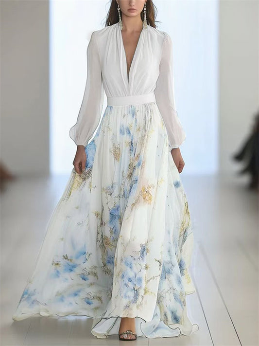 Women's Digital Print Long Sleeve V-Neck Long Dress Oversized Skirt Dress
