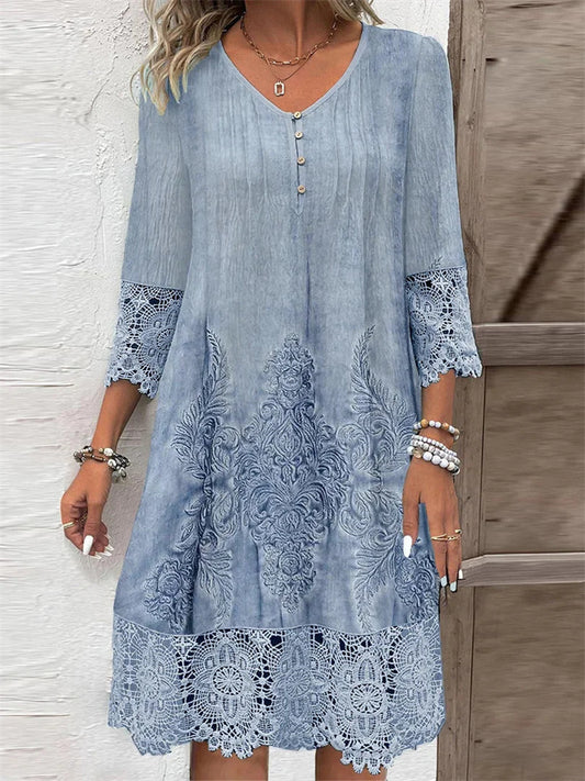 Women's New V-neck Dress Long Dress Printed Lace Dresses