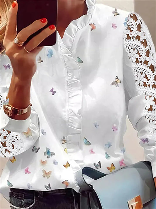 Women's Blouse Shirt White Butterfly Ruffle Button Long Sleeve Casual Daily Streetwear Elegant Casual V Neck Regular Butterfly S / Print