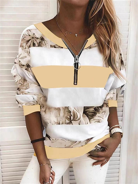 Women's Printed Zipper V-Neck Oversized Casual Sweatshirt Long Sleeve Top