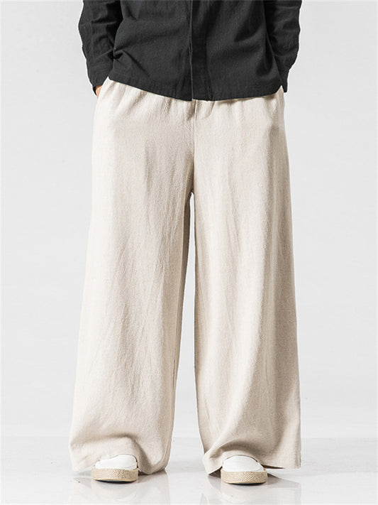 Men's Linen Pants Trousers Summer Pants Beach Pants Wide Leg Flowy Plain Comfort Breathable Full Length Casual Holiday Yoga Linen / Cotton Blend Fashion Streetwear Loose Fit Black Navy Blue