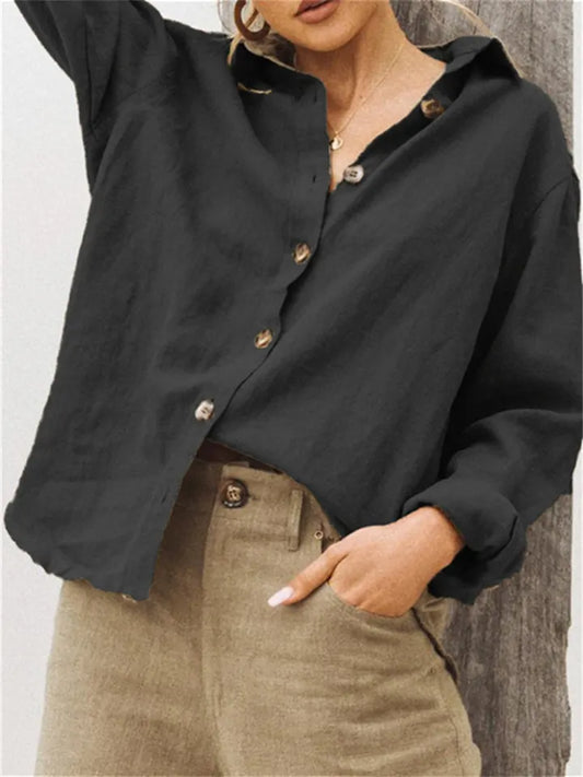 Fashion Lapel Long Sleeve Cotton Linen Loose Women's Solid Color Shirt White Black Khaki Gray Red