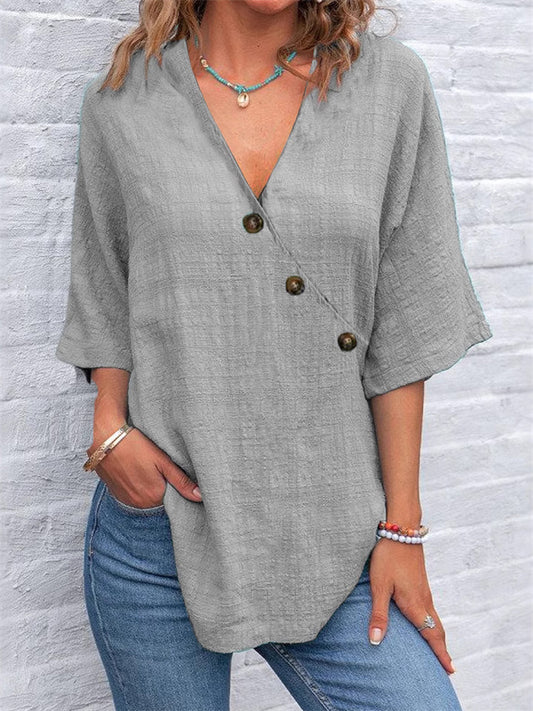 Women's Shirt V-neck Solid Color Linen Shirt