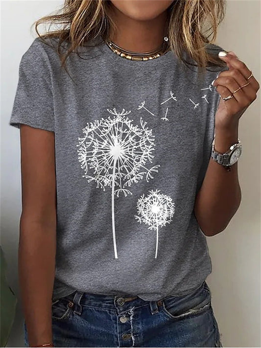 Women's T-shirt Dandelion Print Short-sleeved Casual Round Neck 3D Printed Tops