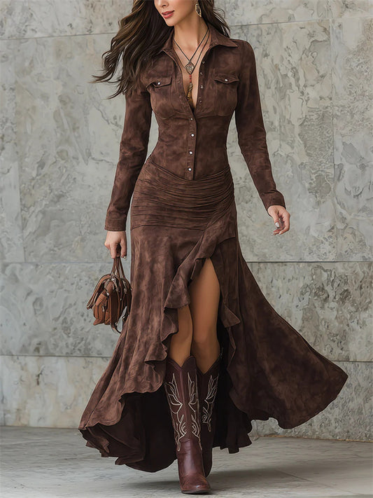 Women's Fall/Winter Slim-Fit Zipper Stand Collar Slit Maxi Dress with Long Sleeves