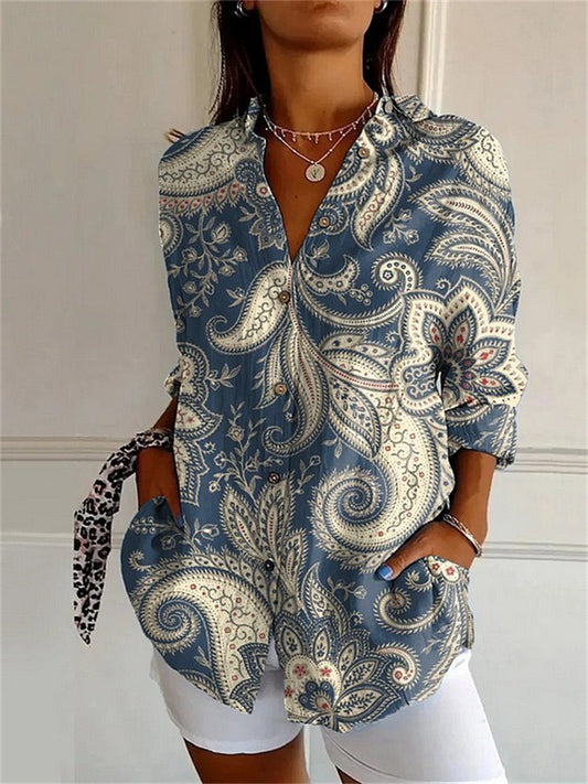 Women's Large Size New Long-sleeved Shirt Floral Ladies Printed Shirt
