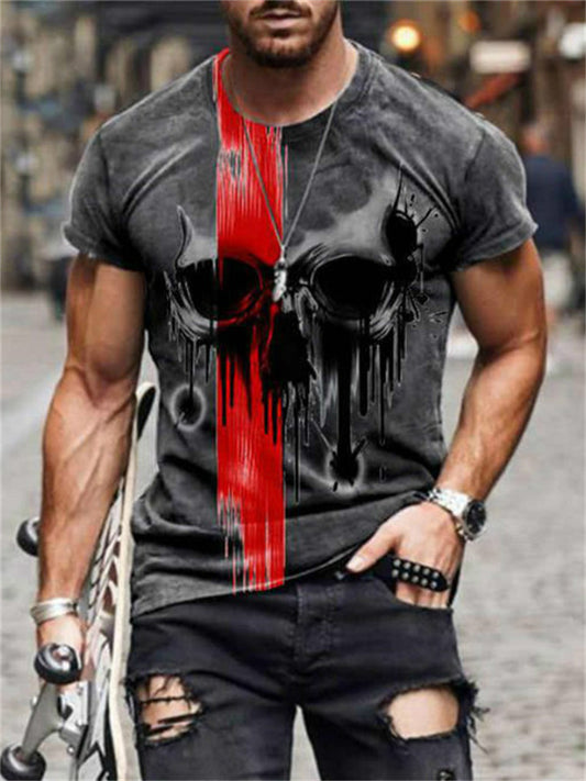 Fashion Summer Handsome Skull 3D Digital Printing Men's Loose Sports Short-sleeved Round Neck T-shirt