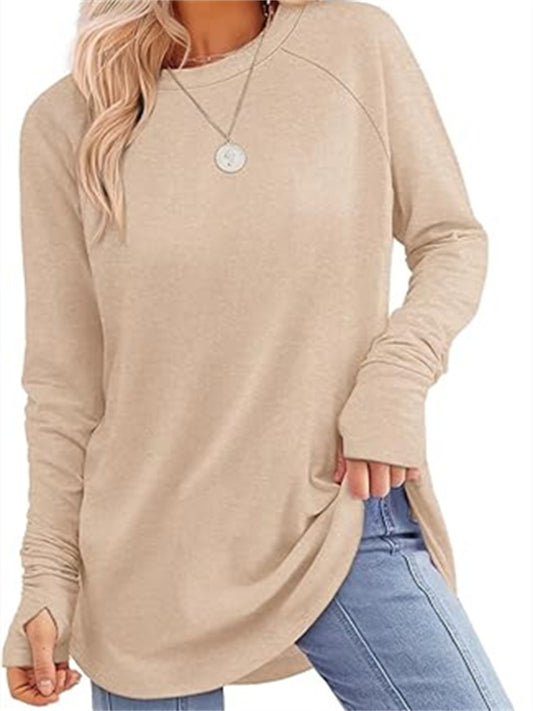 Women's Round Neck Solid Color Long-sleeved Top Loose Mid-length T-shirt