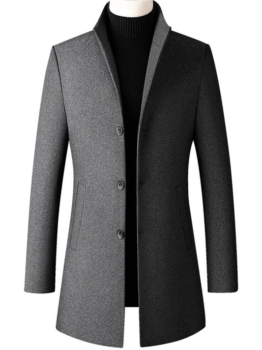 Men's Winter Coat Wool Coat Overcoat Business Daily Wear Winter Fall Wool Thermal Warm Outdoor Outerwear Clothing Apparel Fashion Warm Ups Solid Colored Pocket Standing Collar Single Breasted