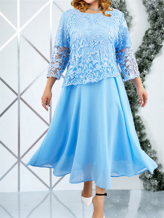 New Women's Water-soluble Embroidery Dress Europe and The United States Lace Chiffon Plus Size Dresses