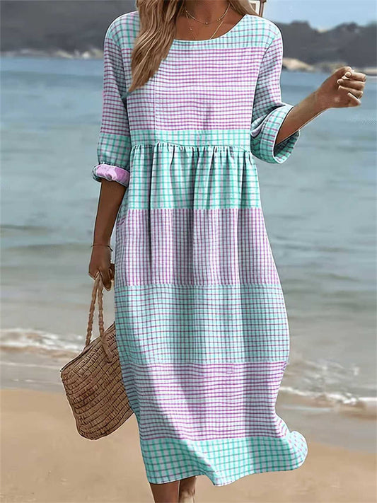 Women's Midi-Sleeve Round-Neck Dress Loose-Fit Printed Dress for Beach Vacations