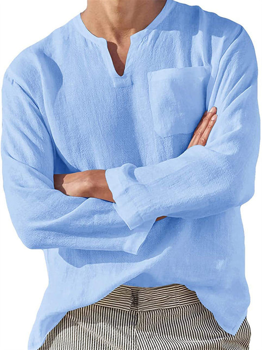 Explosion Men's Long-sleeved V-neck Casual Beach Linen Shirt Stand-up Collar Shirt Solid Color Shirt