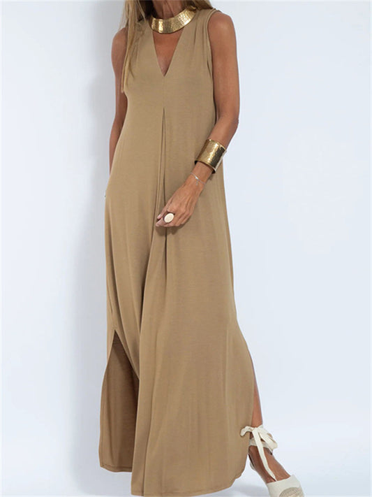 Women's New Solid Color V-neck Vest Solid Color Long Dress