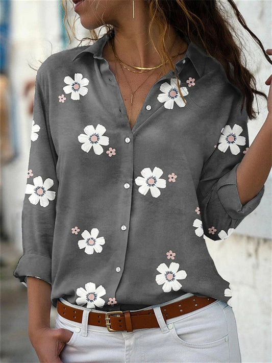The New Lapel Long-sleeved Floral Print Shirt Temperament Fashion Shirt Collar Single-breasted Slim Shirt Elegant Intellectual Style