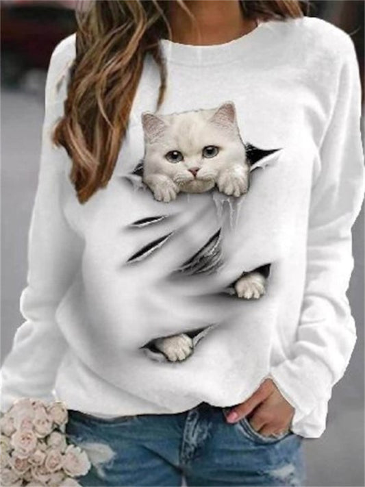 Women's Long Sleeve 3D Abstract Pattern Cat Round Neck T-Shirt Women's Tops