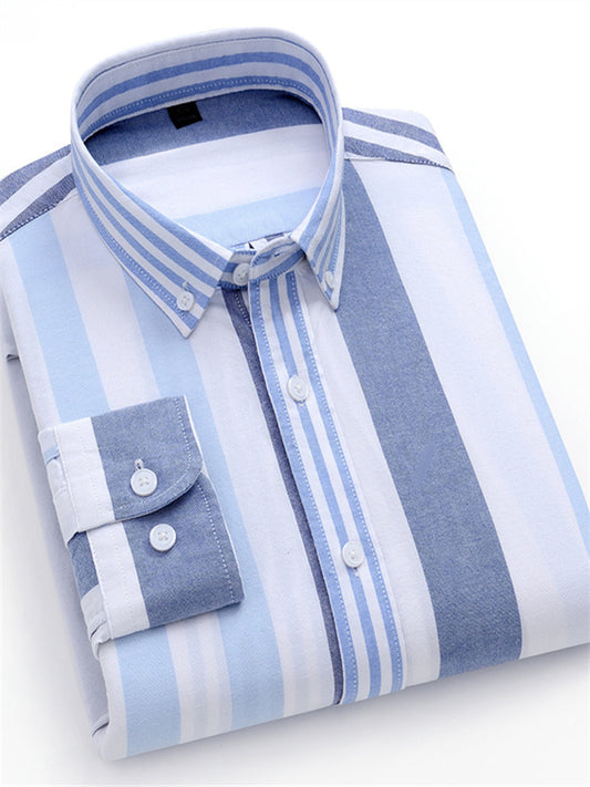 Men's New Striped Shirt Cotton Oxford Spinning Wrinkle Casual Color Striped Cardigan Shirt