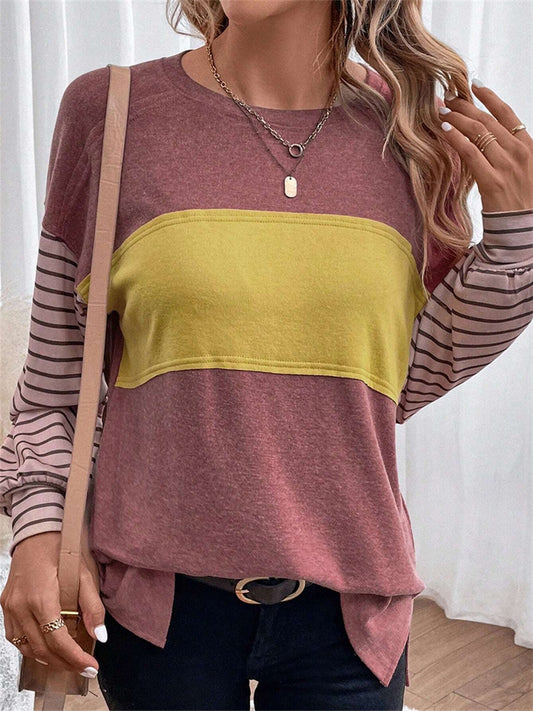 Women's Spring/Fall New Arrival Crew Neck Casual Striped Contrast Long-Sleeve T-shirt