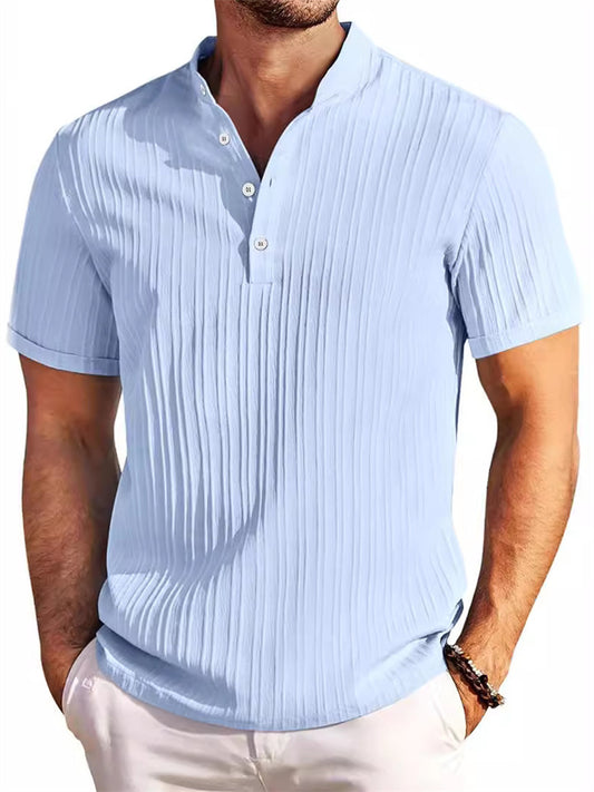 New Men's Vintage Cotton and Linen Striped Henley Shirt Casual Loose Shirt