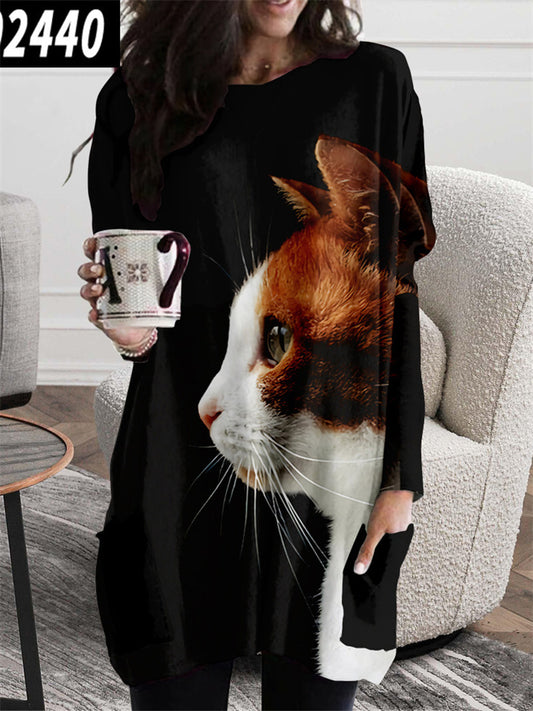 Women's New Arrival Cat Print Round Neck Midi Loose-Fit Dress - Minimalist Style
